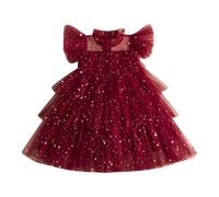 Generico Gonna In Tulle Bambina Vestito da Principessa per Bambine con Volanti e Stelle Maniche a Palloncino per Ballo e Occasioni Festive (Red, 6-7 Years)