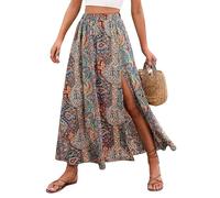 Generico Gonne Estive Donna,Gonna Lunga Estiva Boho Vintage con Stampa Floreale Abito Gypsy Plissettato Vita Alta Svolazzante Abito Lungo per Spiaggia Relax Leggero per Le Vacanze Blu Taglia S