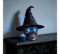 Generico Gothic Halloween Resin Skull Figurine,Creative Blue-Eyed Skull Witch Hat Night Light,Gothic-Style Black Skeleton Abstract Aesthetic Tabletop Ornament,for Home Office Bookshelf Decor Gift