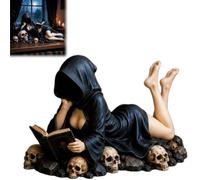 Generico Gothic Hooded Reader Figurine, Halloween Dark Fantasy Figure, Faceless Black Robe Resin Statue with Book Skull Accents, Book Lover Gifts for Library,Desk & Home Decoration