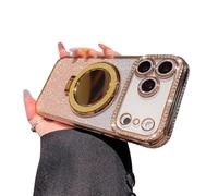 Generico Gradient Glitter Holder Makeup Mirror Protective Case for iPhone 17,Foldable Kickstand Magnetic Diamond Case with Camera Lens Protector,Rhinestone Plating Phone Cases (Gold, for iphone 17)