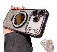 Generico Gradient Glitter Holder Makeup Mirror Protective Case for iPhone 17 Series, Rhinestone Gradient Case with Lens Protector and Stand for 16/15/14 Pro Max (16 Plus,Black)