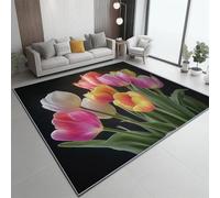 Generico Grande Tappeto Salotto Nero - stampa Bello Tulipano 160x230 cm Antiscivolo Lavabile in Lavatrice Pelo Corto Tappeto, Camera da Letto Sala Ufficio Bambina Bambino
