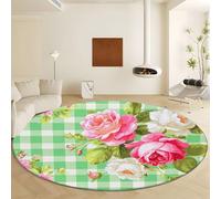 Generico Green Round Rugs Diameter 90 cm Machine Washable, Soft Low-Pile Indoor Circle Carpets with Non-Slip Backing - Vintage Style Plant Rose Pattern for Living Room Bedroom Kitchen Nursery