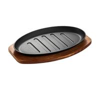 Generico Grill Pan | 10 Inch with Wooden Base Cast Iron BBQ Serving Platter | Heavy-Duty Cast Iron Skillet for Cooking Grilling Serving Home Kitchen Restaurant