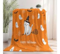 Generico Halloween Coperta in morbida flanella 150x200 cm, Design Cappello Da Strega Gatto Dei Cartoni Animati Fantasma Pipistrelli, Coperta calda leggera e decorativa per divano letto e soggiorno