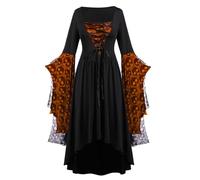 Generico Halloween Costume Dress, Lady Gothic Renaissance Outfit, Vintage Skull Print Lace-Up Clothing, Orange Colour for Cosplay Events Drama Performances Extra Character Challenges