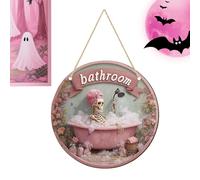 Generico Halloween Door Sign, Bathing Skeleton Wood 7.87x7.87 Inches, Round Hanging Prop Decoration, Spooky Wall Accent for Front Door Porch Mantel Bedroom Farmhouse Haunted House Decor