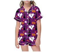 Generico Halloween Halloween Womens Pigiama Set Zucca Stampa Manica Corta Button Down 2 Pezzi Loungewear Set Sleepwear Ragazze Costume da bagno