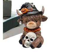 Generico Halloween Highland Cattle Statue, Resin Figurine Animal Decoration, 3.15x4.13 Inches, Hand-Painted Finish, Rustic Style, Brown Farmhouse Ornament Piece for Desktop Kitchen Home Display
