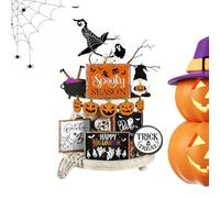 Generico Halloween Tiered Tray, Spooky Wooden Signs, Pumpkin Ghost Decor, Scary Desktop Ornament, Table Shelf Display, Ideal for Living Room, Bedroom, Cabinet, And den, 5.12x3.54x4.33 Inches
