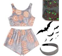 Generico Halloween Vest Pajamas Set, Spooky Glow in The Dark Pajamas for Women Set, Cute Cozy Flannel Pumpkin Pajama And Shorts