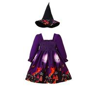 Generico Halloween Vestiti Bambina - Le Ragazze del Bambino Manica Lunga Halloween Stampe Volant Vestito Cappello da Due Pezzi Abiti per Bambini (Purple 5-6 Years)