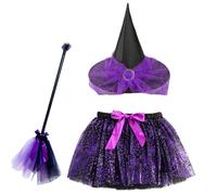Generico Halloween Witch Costume, Kid's Cosplay Outfit with Broom and Skirt, Elastic Dress-Up Set, Complete Party Accessory Kit, Themed Clothes for Masquerade Photoshoots Stage Performance Events