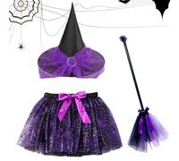 Generico Halloween Witch Costume, Kid's Cosplay Outfit with Broom and Skirt, Elastic Dress-Up Set, Complete Party Accessory Kit, Themed Clothes for Masquerade Photoshoots Stage Performance Events