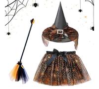 Generico Halloween Witch Costume, Kid's Cosplay Outfit with Broom and Skirt, Elastic Dress-Up Set, Complete Party Accessory Kit, Themed Clothes for Masquerade Photoshoots Stage Performance Events
