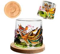 Generico Hand Painted Embossed Rotating Whiskey Glass, Old Fashioned Luxury Crystal Tumbler with Smooth Spin Design, Koi and Lotus Pattern Glass for Bourbon,Scotch,Liquor and Cocktail