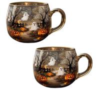 Generico Haunted Path Halloween Mug,Cute Ghost Pumpkin Glass Coffee Cup,Spooky Fall Pumpkin Ghost Cup for Halloweens Gifts, Fall Decor(2PCS)