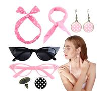 Generico Headband, 1950s Outfit Accessories with Headband Drop Earrings, Vintage Print Dangle Chiffon Scarf Glasses, Retro Costume Set for Women, Red White, 130g