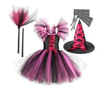 Genérico Hexenkleid für Mädchen mit Tutu - 4er-Set, Halloween-Cosplay-Kleidung, Hexenkleid-Outfit | Geisterfest-Verkleidungsspaß, Kostüm mit Besenhut-Ärmeln für Kinder, Festival-Outfit