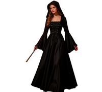 Generico Hexenkostüm Für Mädchen, Gothic Renaissance Verkleidung, Lange Schwarze Hexenkleid Für Halloween, Für Escape Room Cosplay Veranstaltung Gruselhaus Theater Freundinnen