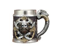Generico Horned Warrior Beer Mug Coffee Cup with Dragon Handle, 20oz Beer Tankard Norse Mythology Gift for Men Women, Stainless Steel Pirate Heavy Cup (Silver)