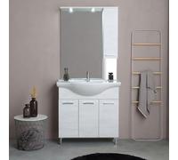 Generico IDEAL CASALINGHI - Mobile Bagno a Terra 85 cm | Lavabo in Ceramica | Specchio con Pensile e Faretti a LED | 3 Ante | Lavabo | Completo Moderno, Quercia Bianco, 85 CM, Legno, Rovere bianco