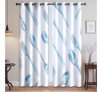 Generico Illustrazione Stoviglie Cucchiaio Forchetta Tenda Per Tutte le Stagioni - Blackout Set di Tende Per Finestre, Ciano, 132L x 228A cm (2 Pannelli) 52"x90"