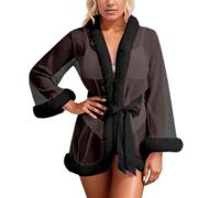 Generico Intimo Donna Seducente #52,sexyy Kimono di Piume,Vestaglia in Rete Trasparente,a Maniche Lunghe,Lingeries,Camicia da Notte Trasparente in Raso,per Donne,Elegante Pigiama Aperto (Black,XXXL)