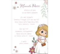 Generico Invito Prima Comunione, 20 pezzi o più, con busta, per Bambina, Design Floreale con Illustrazione