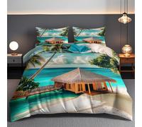Generico isole tropicali Set Copripiumino, palme Microfibra Copripiumini 220x230cm 2 Federe, Tema della casa vacanze set da letto, Vista mare Morbido ed Ipoallergenico set copripiumino