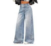 Generico Jean Boyfriend Ample Taille Haute pour Femme avec ourlet fendu Sur Le côté Style années 2000 Pantalon en Denim à Jambes larges Streetwear