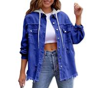 Generico Jean Jacket Women Trendy Ripped Denim Button Down Shirt Oversized Lightweight Jeans Shacket With Detachable Hoodie (Royal Blue,2XL)