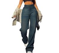 Generico Jeans Larghi Donna Vita Alta Baggy a Gamba Larga Taglie Forti Pantalone Gamba Dritta Eleganti Streetwear Leggeri Y2K Boyfriend Elasticizzati per Il Tempo Libero con Tasche