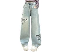 Generico Jeans Ragazza Larghi, Jeans da Ragazza Larghi Casual Morbido Elastico in Vita Gamba Larga Streetwear con Tasche Pantaloni Moda Jeans Lunghi Bambina per La Primavera E L'autunno