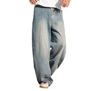 Generico Jeans Slim Fit,Jeans Uomo Invernali,Jeans da Uomo Giapponesi retrò lavati Vecchi, lavati, Pantaloni Casual Larghi con Elastico in Vita, Nuovi Pantaloni Primaverili da Uomo (Blue, L)