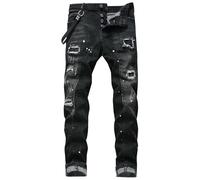 Generico Jeans Uomo Pantalone Slim Fit Strappato Elasticizzato Denim con Stile Spruzzi di Inchiostro E Streetwear Stampa Lettere Pantaloni Casual Uomo(Black, 32)