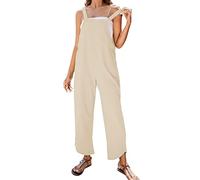 Generico Jumpsuit Donna Salopette Donna Plus Size Senza Maniche in Tessuto Cotone Lino Nero Capri Elegante con Tasche Pratiche per un Casual e Comodo (Beige, S)