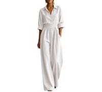 Generico Jumpsuit Donna Tinta Unita Stile Camicia, Tuta Intera Manica Tre Quarti con Tasca e Cintura Annodabile, Pantalone Gamba Larga Ampio Casual per Città, Vacanze e Spiaggia, Taglie S-XXL
