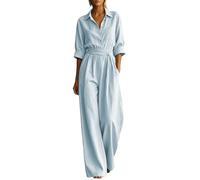Generico Jumpsuit Donna Tinta Unita Stile Camicia, Tuta Intera Manica Tre Quarti con Tasca e Cintura Annodabile, Pantalone Gamba Larga Ampio Casual per Città, Vacanze e Spiaggia, Taglie S-XXL