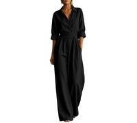 Generico Jumpsuit Donna Tinta Unita Stile Camicia, Tuta Intera Manica Tre Quarti con Tasca e Cintura Annodabile, Pantalone Gamba Larga Ampio Casual per Città, Vacanze e Spiaggia, Taglie S-XXL