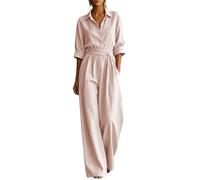 Generico Jumpsuit Donna Tinta Unita Stile Camicia, Tuta Intera Manica Tre Quarti con Tasca e Cintura Annodabile, Pantalone Gamba Larga Ampio Casual per Città, Vacanze e Spiaggia, Taglie S-XXL
