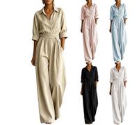 Generico Jumpsuit Donna Tinta Unita Stile Camicia, Tuta Intera Manica Tre Quarti con Tasca e Cintura Annodabile, Pantalone Gamba Larga Ampio Casual per Città, Vacanze e Spiaggia, Taglie S-XXL