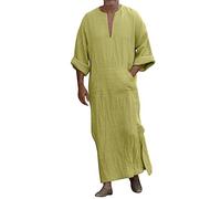 Generico Kaftan Thobe per Uomini, Maniche Corte a Colletto a V, Tuta in Lino, Taglie Grandi e Alta per Musulmani, Roba Casual Sbagliata, Leggera e Lungo Camice da Letto(1B-Yellow, XXL)