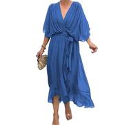 Generico Keepholdon Dress, Elegant V-Neck Maxi Dress for Women, High Waist Chiffon Dress with Sleeves and Asymmetrical Hem