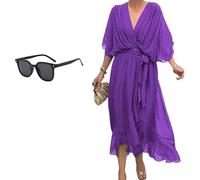 Generico Keepholdon Dress, Elegant V-Neck Maxi Dress with Sleeves,Comfortable Skin-Friendly, High Waist Irregular Chiffon Summer Dress (Purple,4XL)
