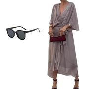 Generico Keepholdon Dress, Elegant V-Neck Maxi Dress with Sleeves,Comfortable Skin-Friendly, High Waist Irregular Chiffon Summer Dress (Gray,4XL)