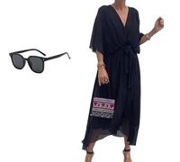 Generico Keepholdon Dress, Elegant V-Neck Maxi Dress with Sleeves,Comfortable Skin-Friendly, High Waist Irregular Chiffon Summer Dress (Black,XXL)