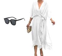 Generico Keepholdon Dress, Elegant V-Neck Maxi Dress with Sleeves,Comfortable Skin-Friendly, High Waist Irregular Chiffon Summer Dress (White,L)