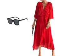 Generico Keepholdon Dress, Elegant V-Neck Maxi Dress with Sleeves,Comfortable Skin-Friendly, High Waist Irregular Chiffon Summer Dress (Red,4XL)